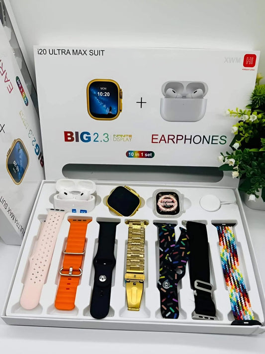 20 Ultra Max Suit In Gold Edition Ultra 49MM Big Display Smart Watch + 7 Straps + Airpods Pro 2 + 49mm Jelly Watch Case All In One Box